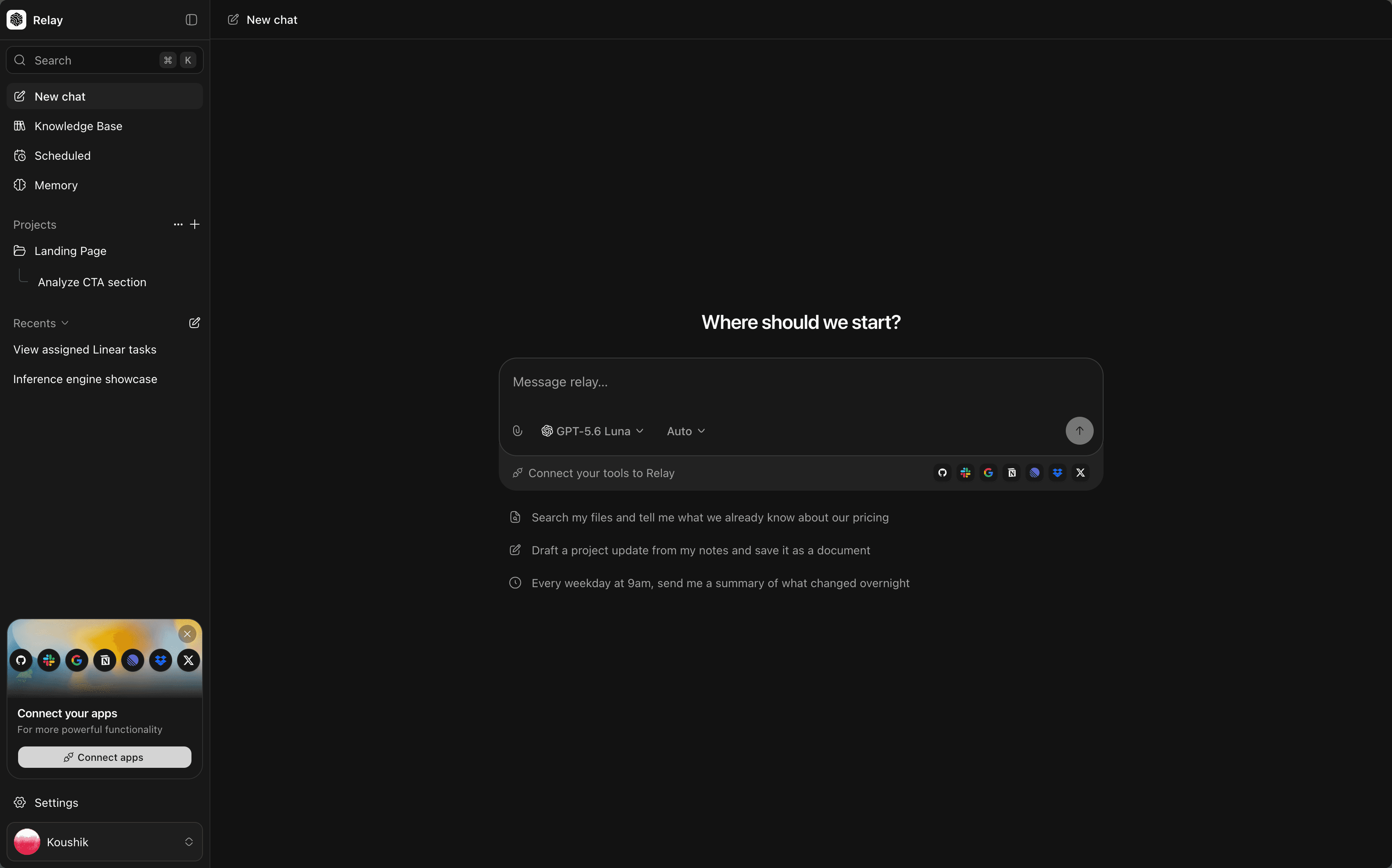 Relay workspace with a chat composer, connected tools, and scheduled runs